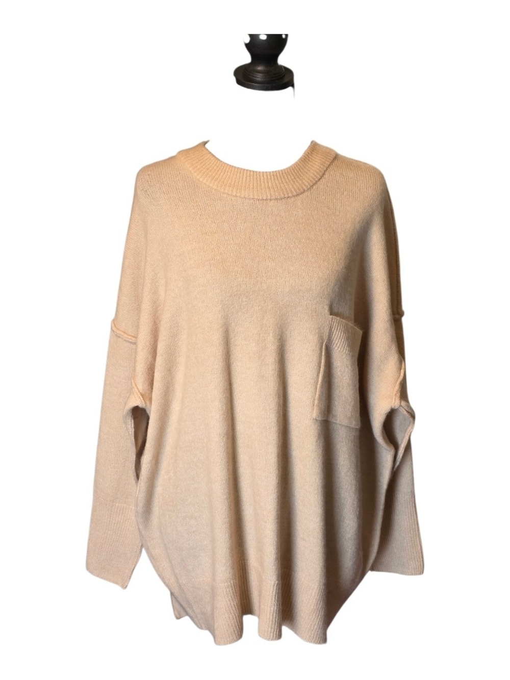 Zenana Outfitters Neutral Beige Oversized Crewneck with Pocket